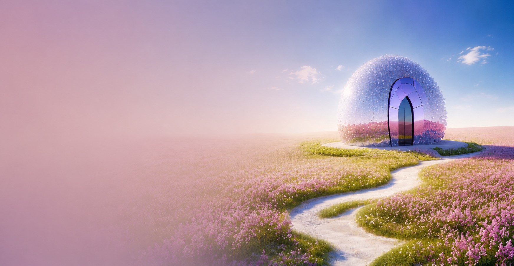 Dreamlike exhibition wayfinding structure in a field