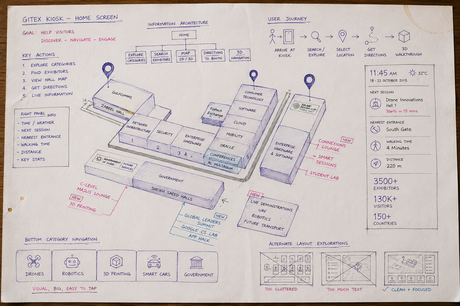 Hand-drawn GITEX kiosk design approach sketch