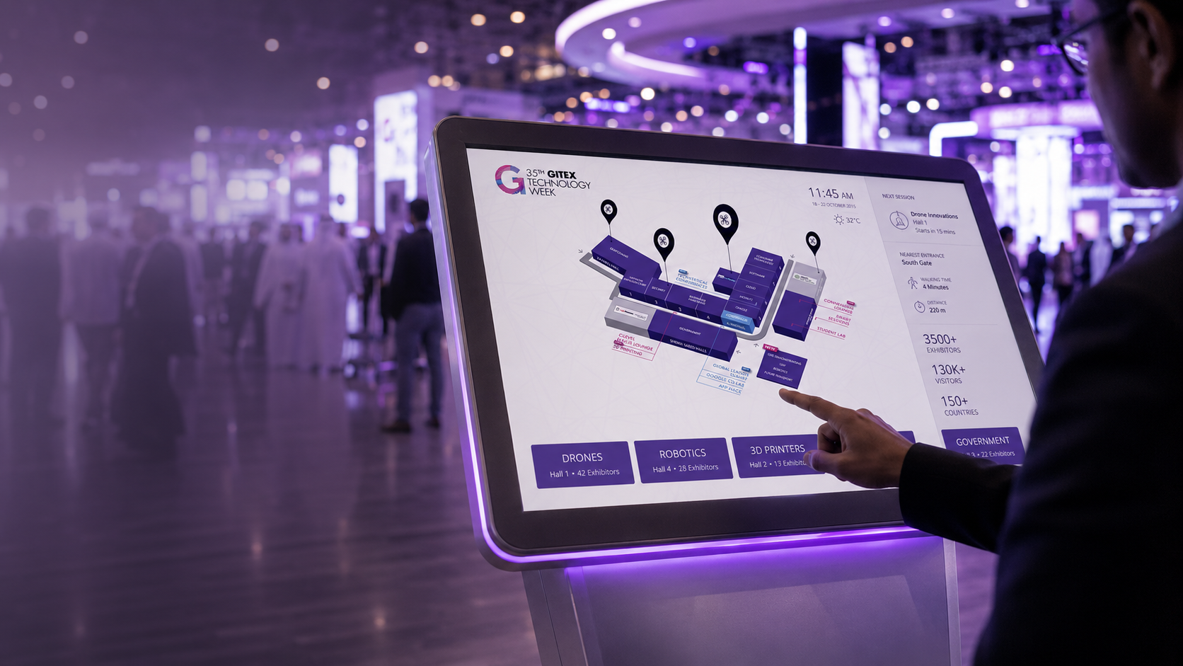 GITEX wayfinding kiosk showing an interactive 3D map