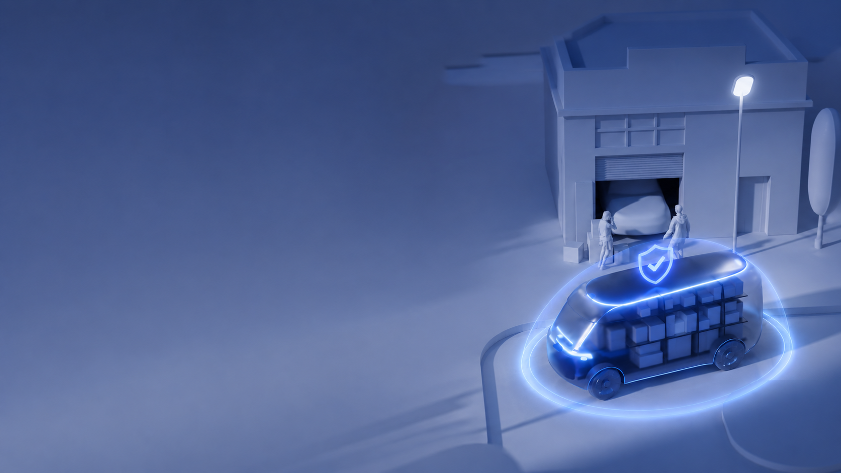 Blue cinematic insurance platform concept with protected delivery vehicle
