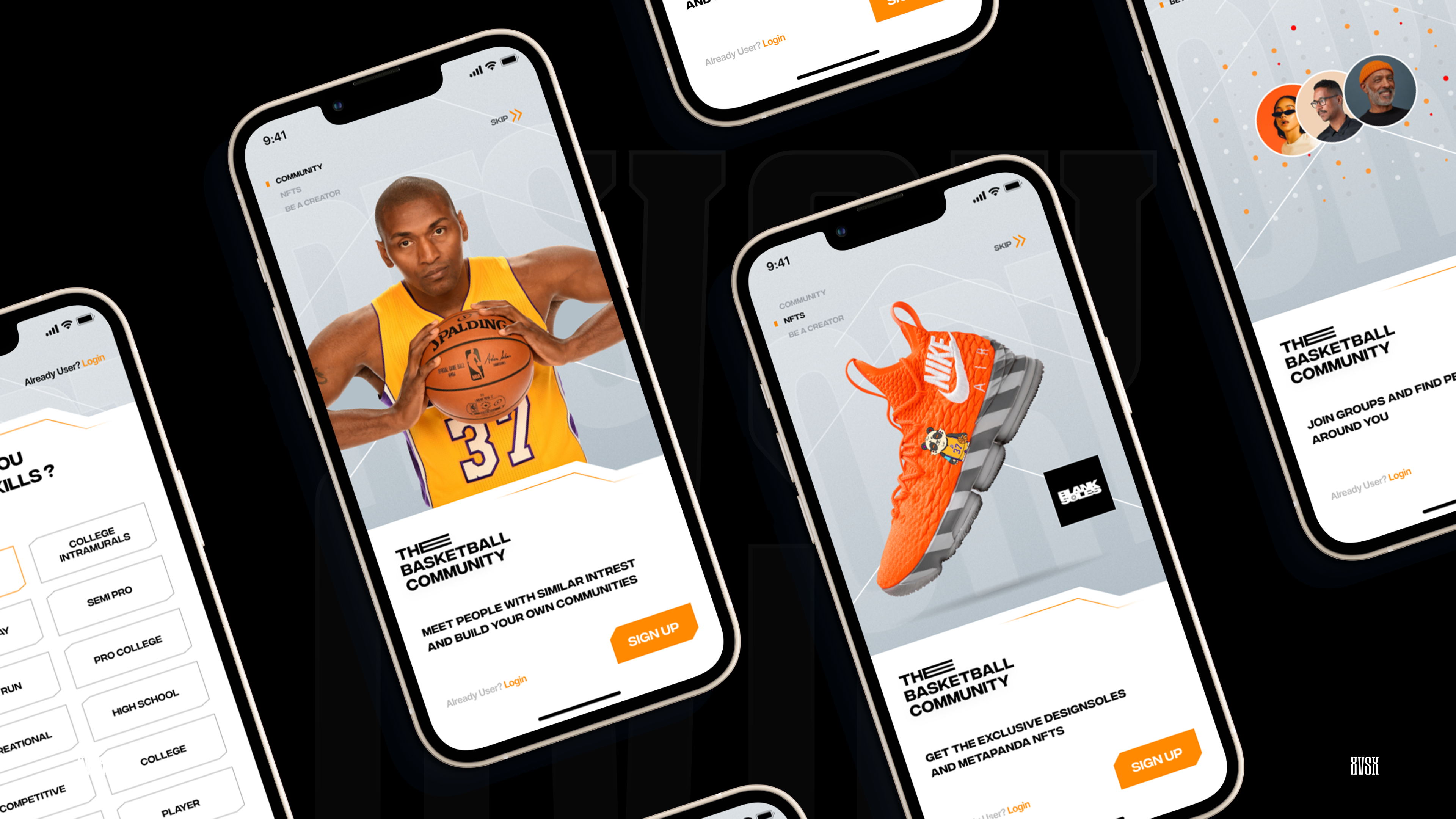 XvsX mobile app onboarding and marketplace screens visual