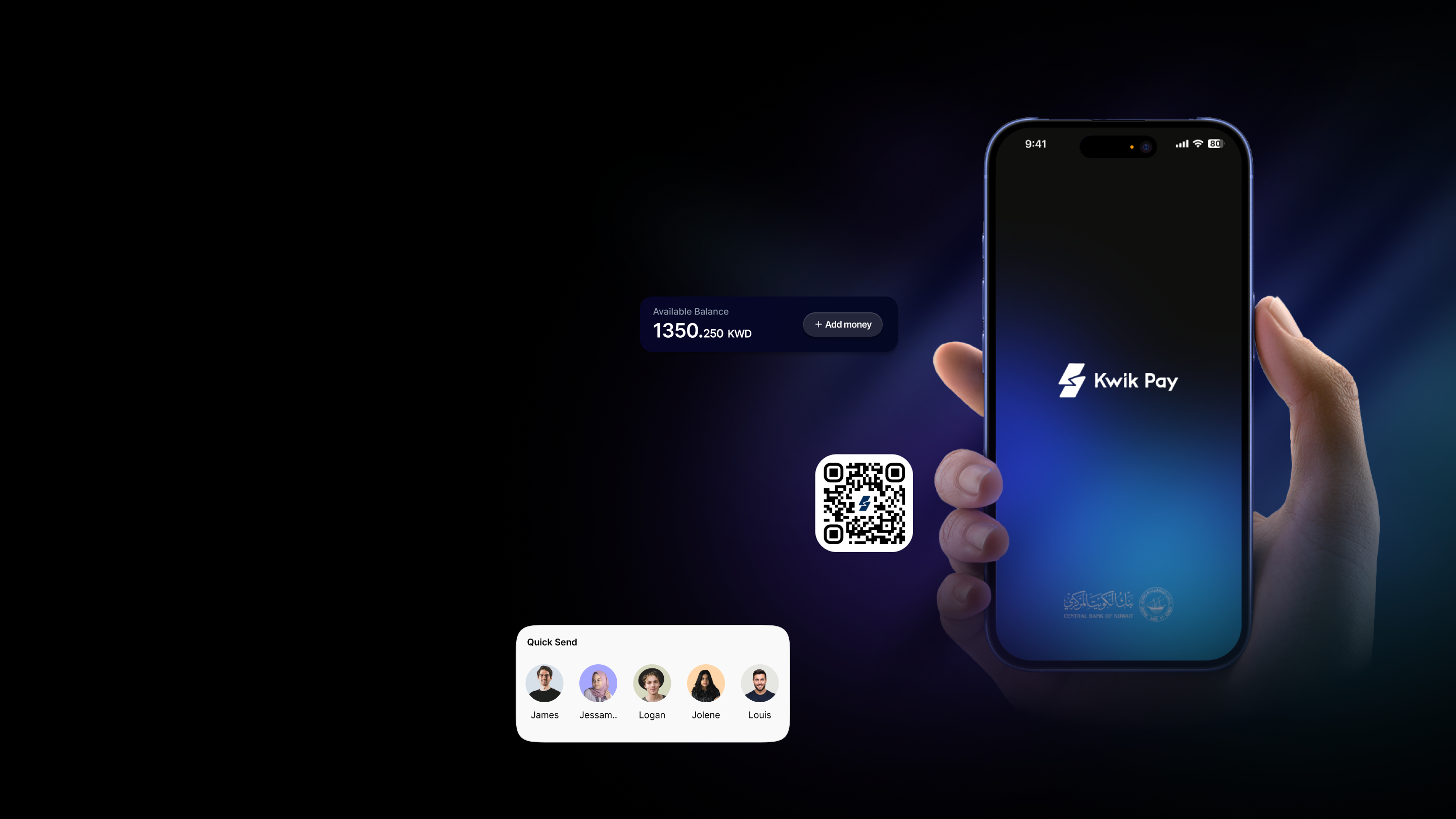 KwikPay app experience shown on a phone with payment interface elements