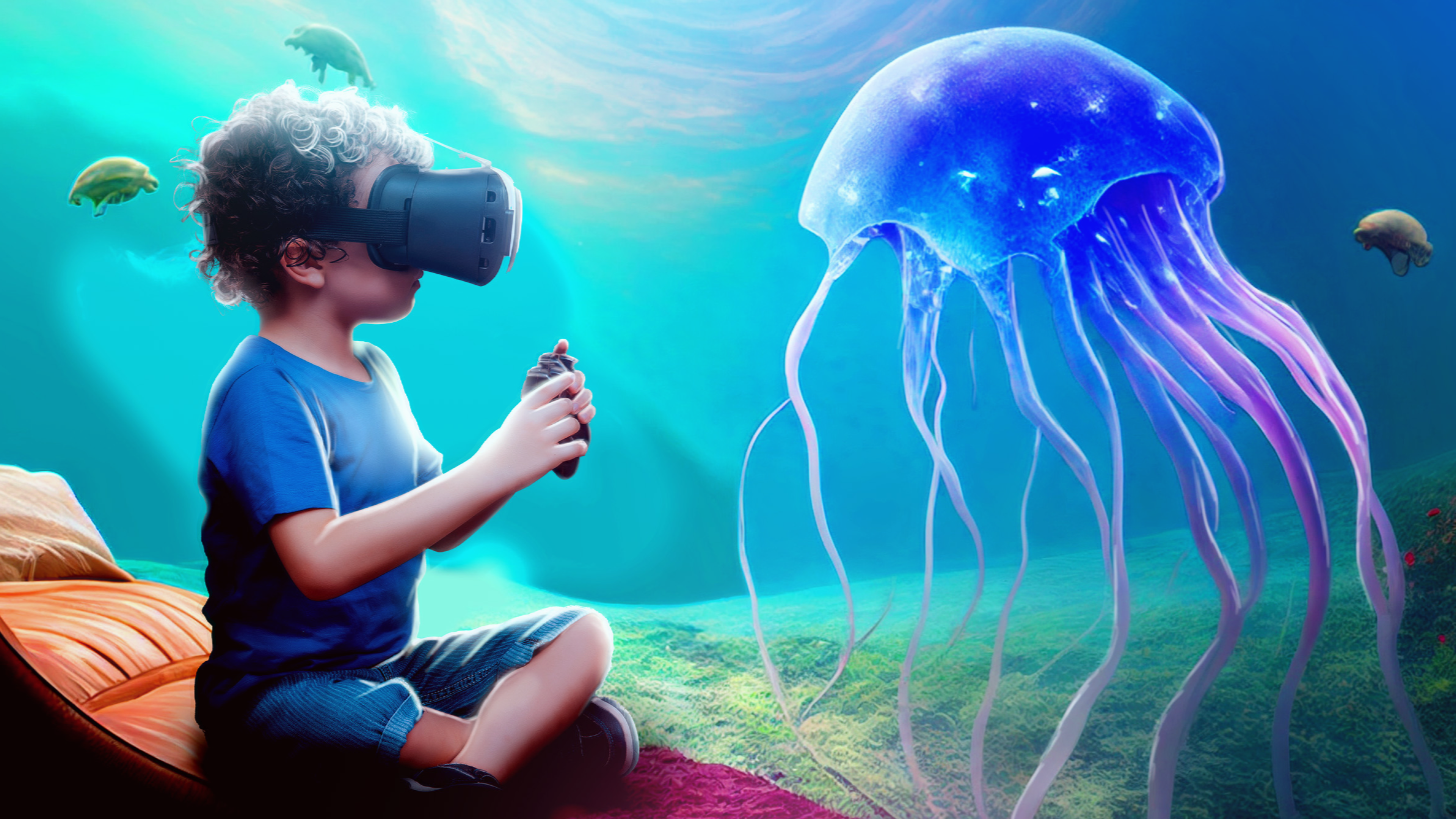 Child exploring a luminous underwater world through a virtual reality headset beside a giant jellyfish