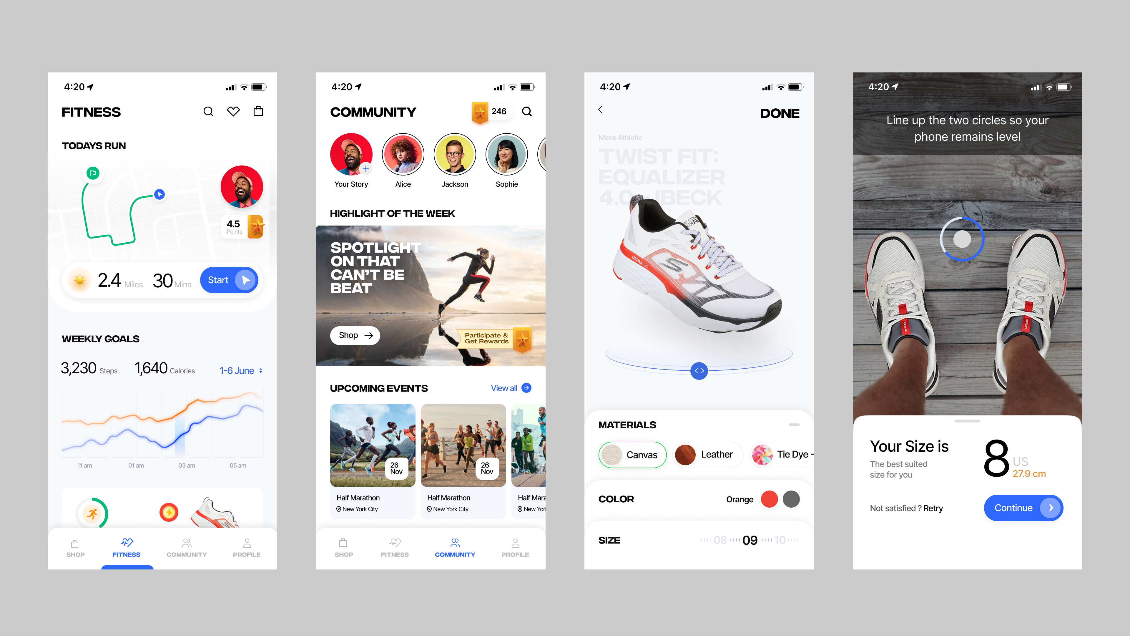 Mobile fitness and community product experience with run tracking, social events, 3D shoe customization, and camera-based sizing