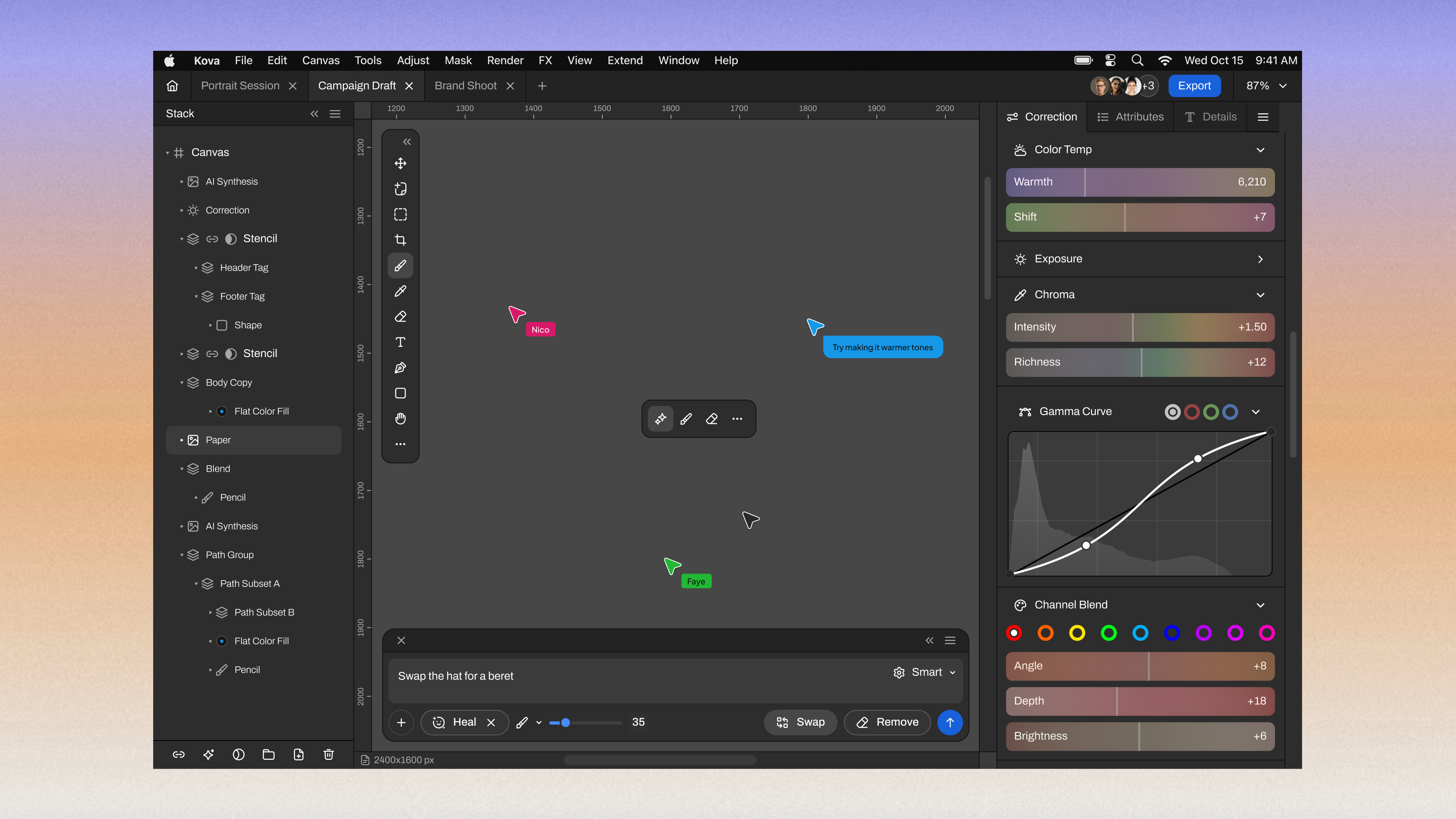 Kova collaborative image-editing workspace with AI synthesis, canvas tools, color correction, and live collaborator cursors