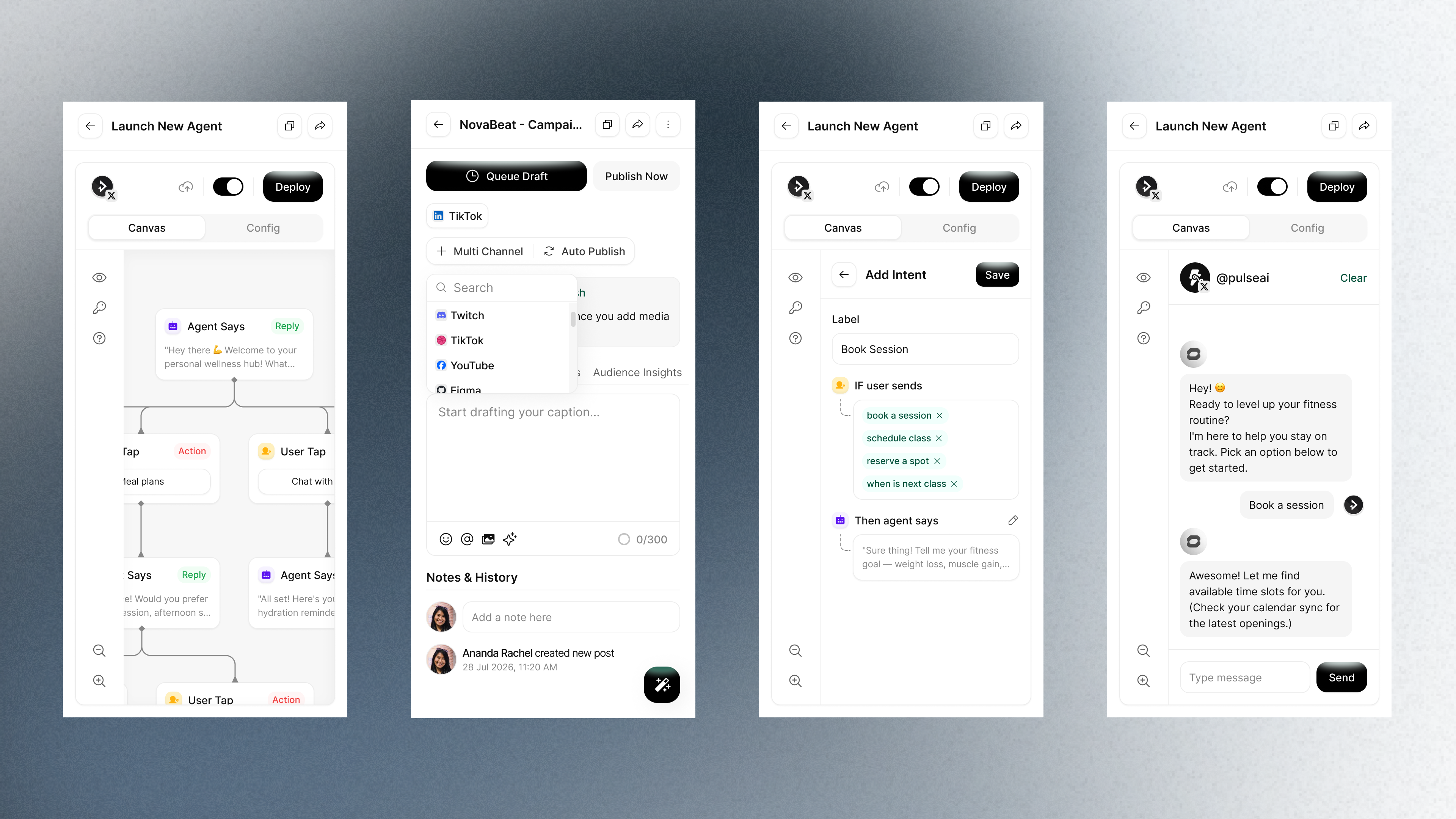 Mobile AI agent builder screens showing workflow editing, social publishing, intent configuration, and conversational preview
