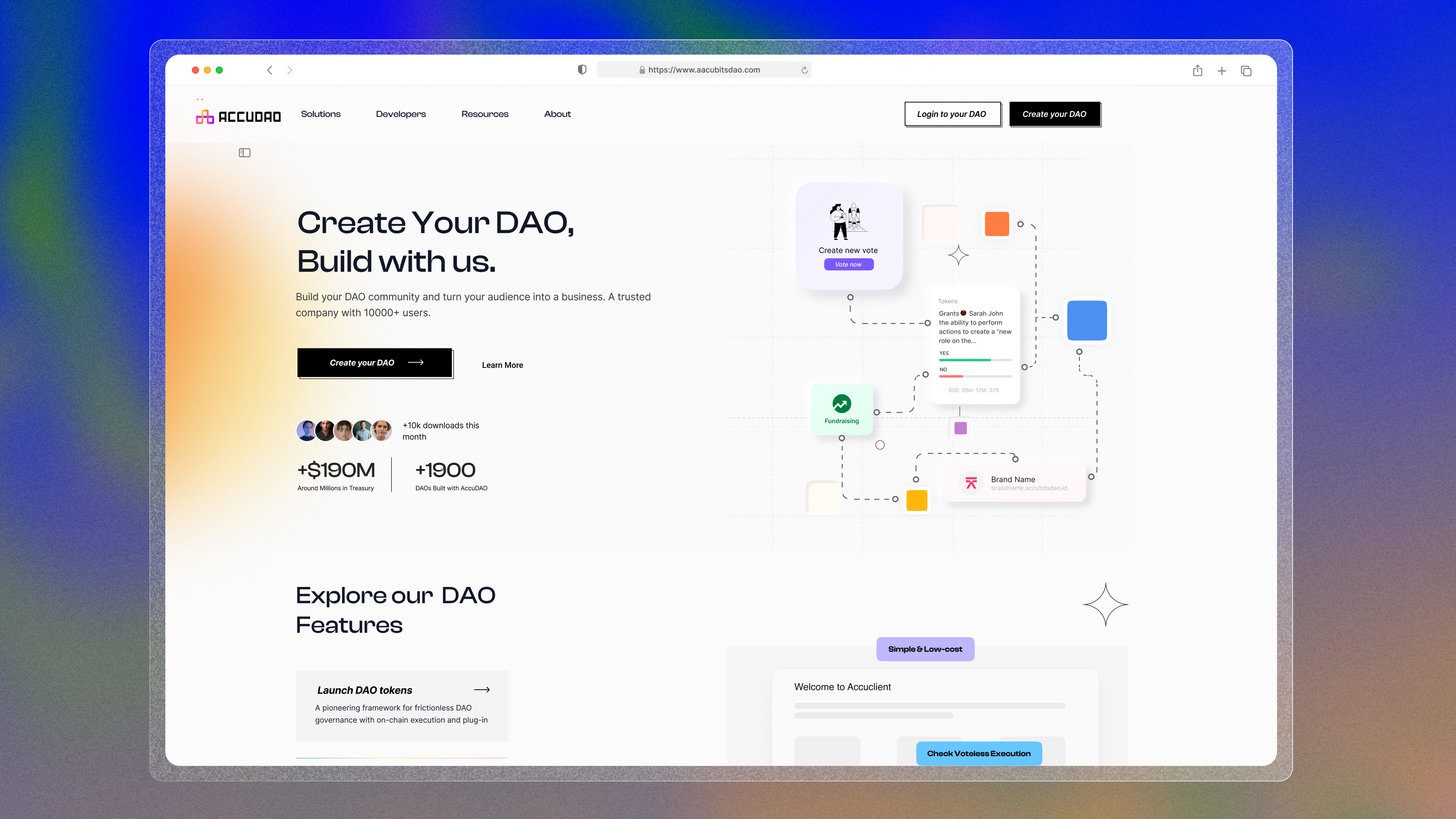 AccuDAO product website for creating and managing decentralized autonomous organizations